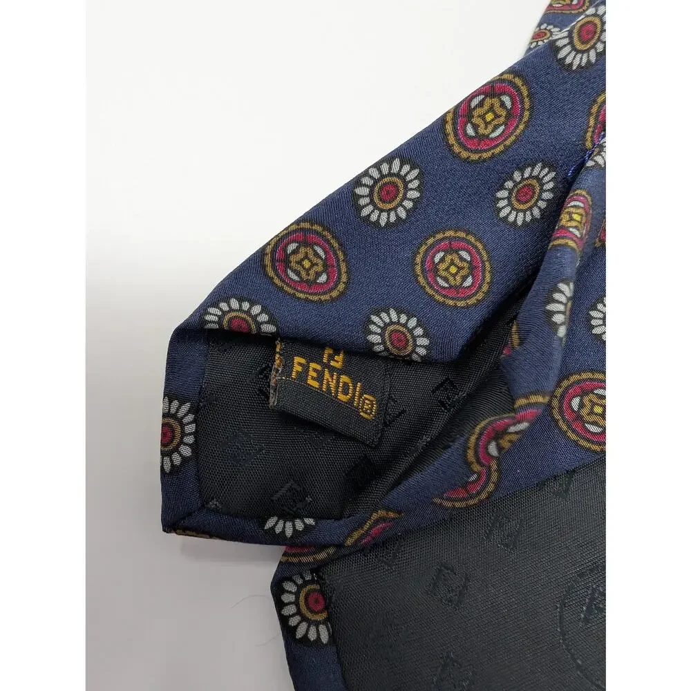 Fendi Cravette 100% Silk Novelty Italian Neck Tie Blue Multi Classic Formal Work